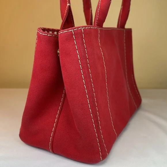 Prada Canapa Red Denim Canvas Snap Sides, Adjustable Removable Strap, Auth Cards - Picture 8 of 16